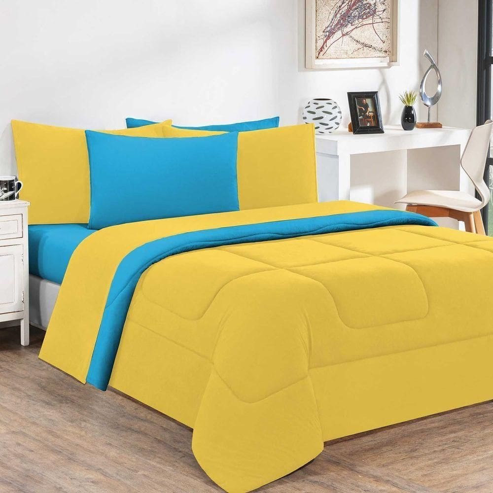 Kit Edredom + Jogo De Lençol Malha 100% Algodão Gran Moratta 6 Peças King - Amarelo-azul Turquesa