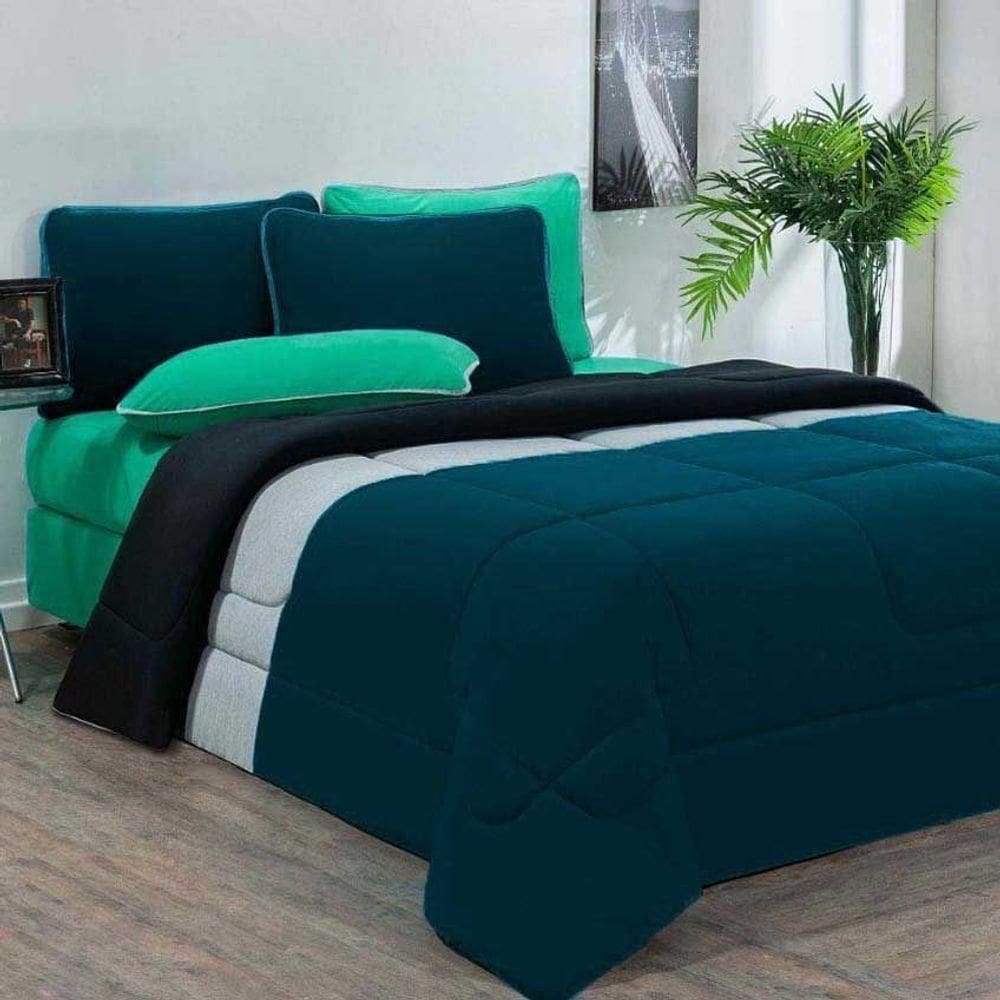 Kit Edredom + Jogo De Lençol Malha 100% Algodão Urbano 7 Peças King - Azul Petroleo-mescla-verde Jade