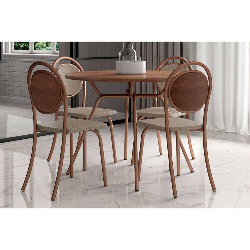 Sala de Jantar Completa 1588 c/ Tampo Madeirado 100cm e 4 Cadeiras 1738 Freijo/Rose - Cobre/Linho Areia/Courino Carame - Carraro