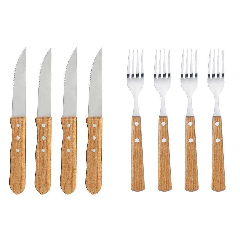 Jogo De Talheres Inox Cabo De Madeira Churrasco 8Pcs