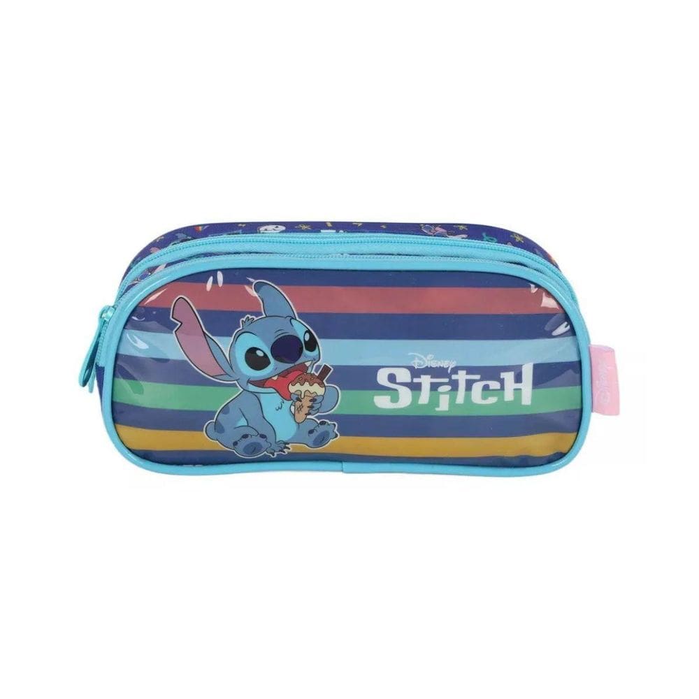 Estojo Escolar Azul Duas Divisórias Stitch Disney Infantil