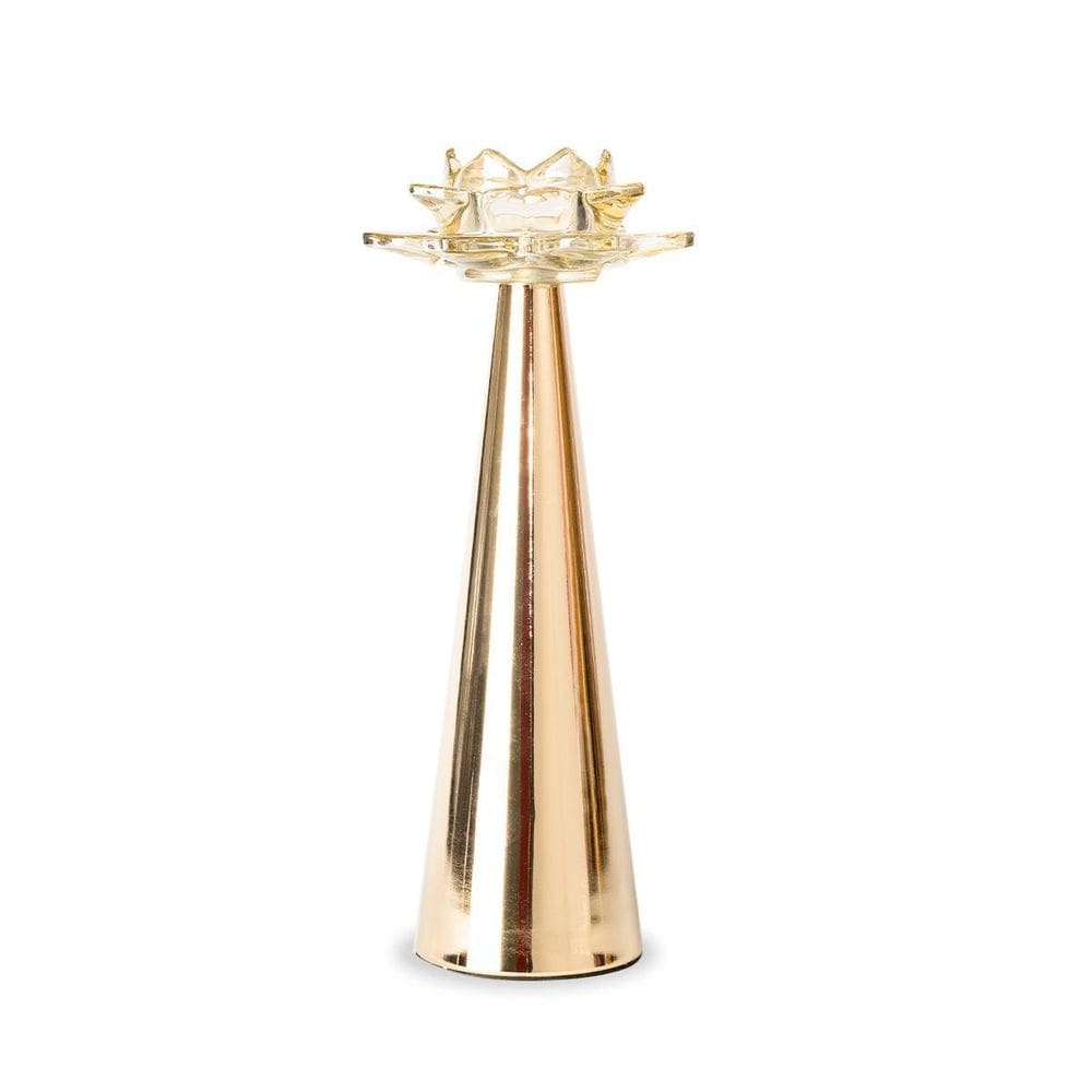 Castiçal Flor De Lotus Vidro Decorativo Dourado 17X12Cm