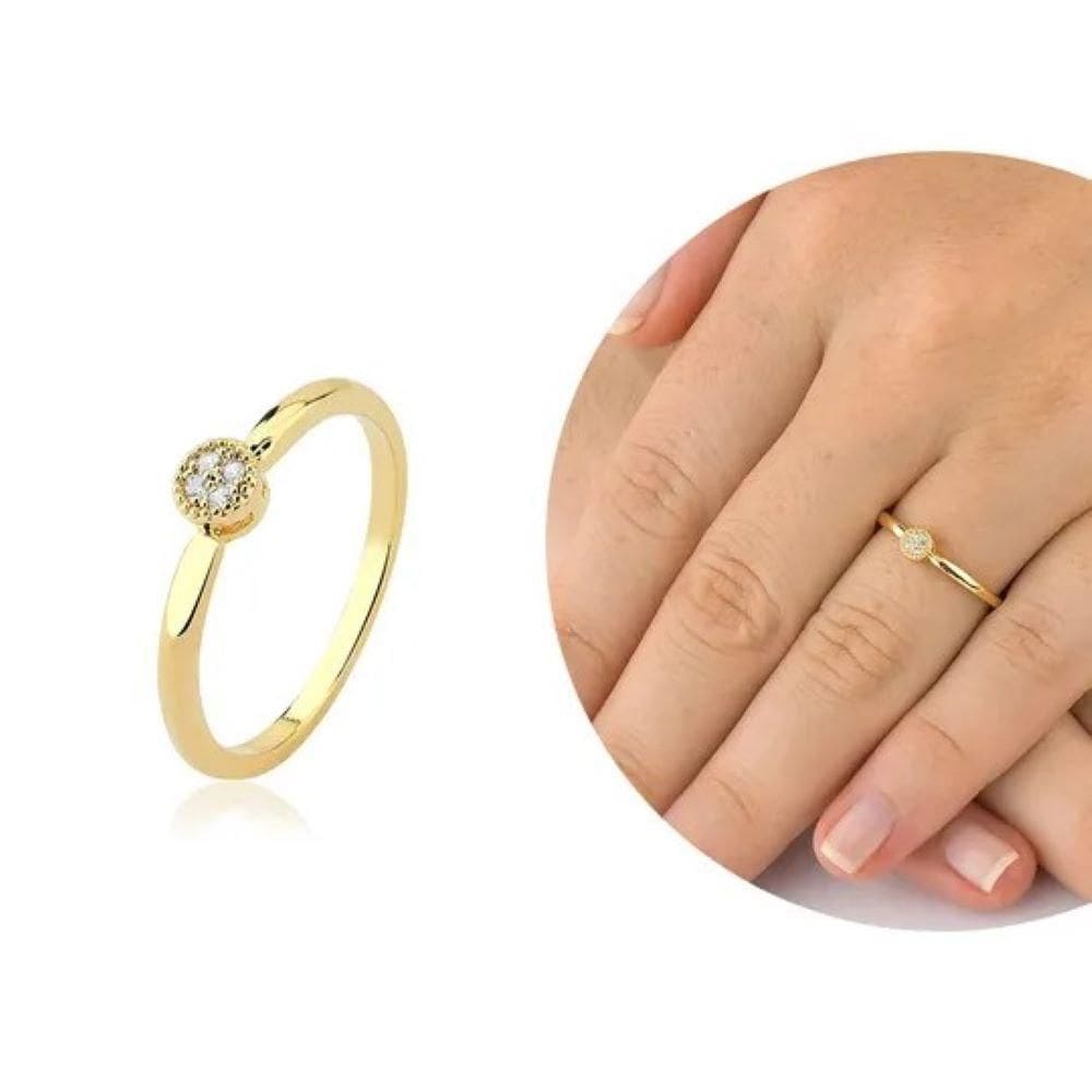 Anel Solitario Mini Chuveiro Micro Zircônias Redondo Dourado