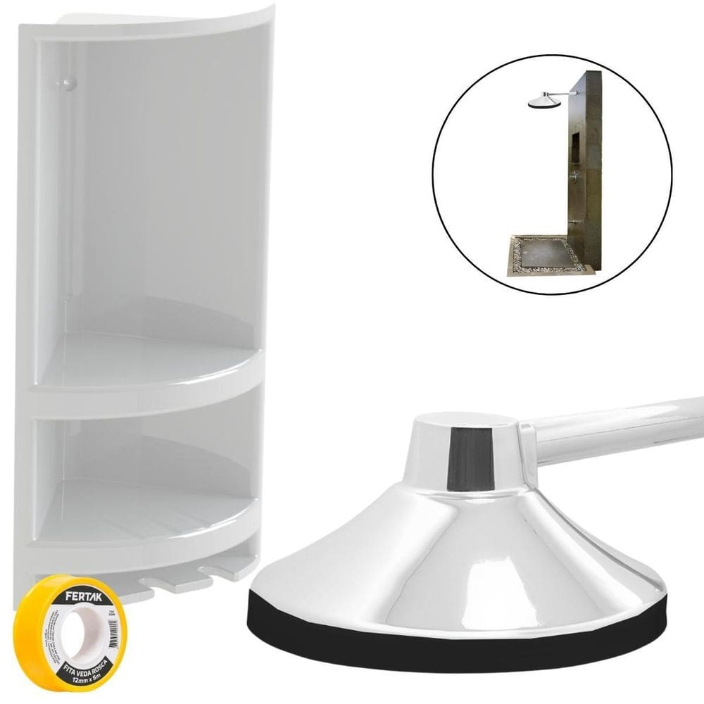 Chuveiro Ducha Fria 22Cm Cromado + Porta Shampoo Branco