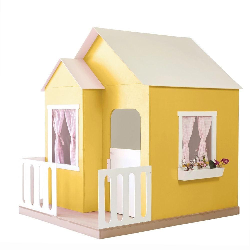 Casinha De Brinquedo Artesanal Janela Lateral Versátil Com Cortinas Mdf Amarelo/branco L12 - Criança Feliz