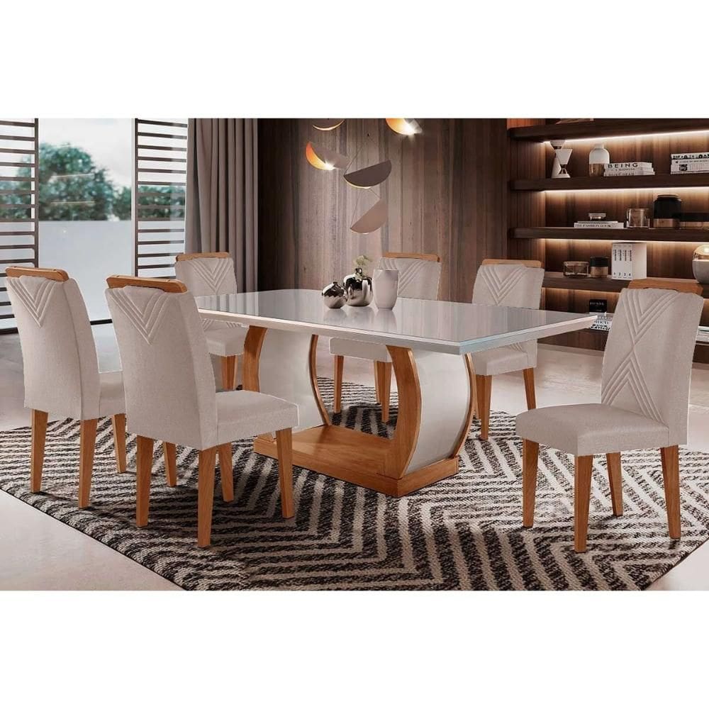 Sala de Jantar Completa Jade Tampo Madeirado c/ Vidro Curvo 180x90 e 6 Cadeiras Amsterdã Capuccino/Suede Creme - Rufato