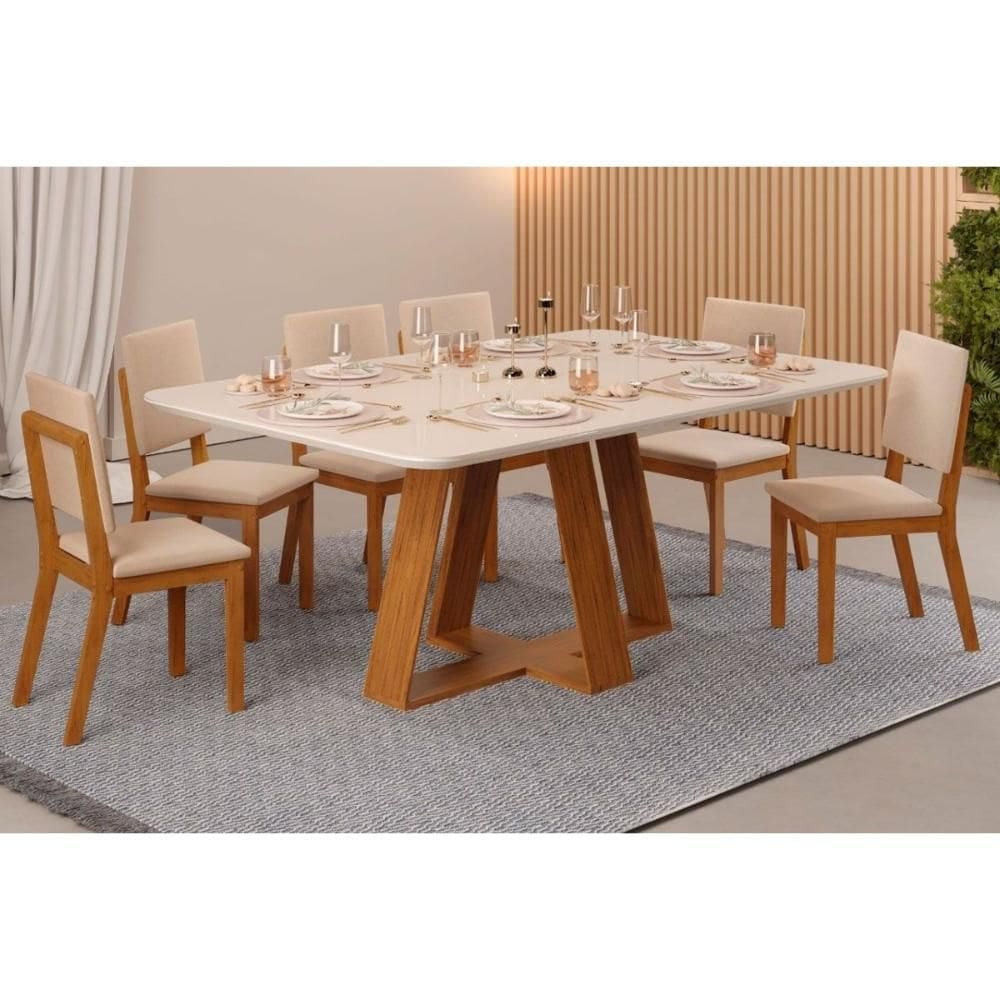Sala de Jantar Completa Celeste Tampo Madeirado c/ Vidro Retangular 160x90cm e 6 Cadeiras Talia Freijo/Off White - Suede Creme - DJ Móveis