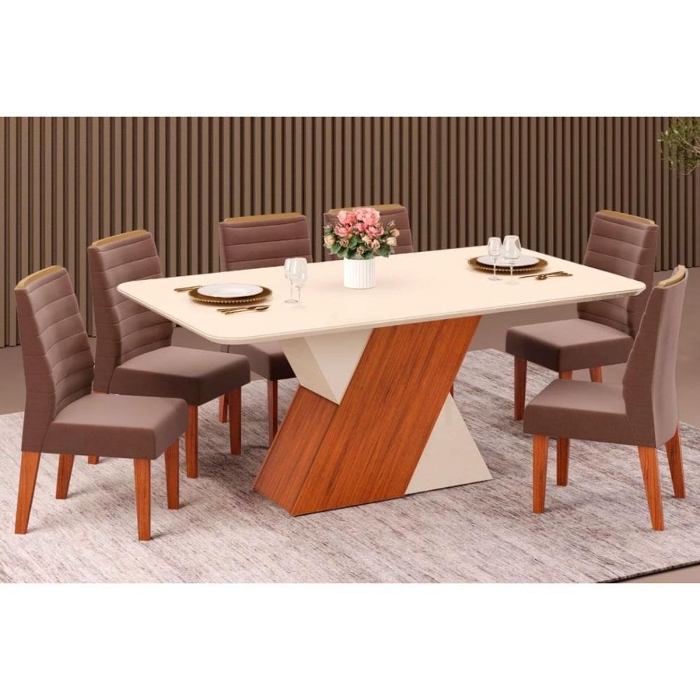 Sala de Jantar Completa Rubi c/ Tampo Madeirado c/ Vidro 170x90cm e 6 Cadeiras Ondina Freijo/Off White/Off White - Suede Moca - DJ Móveis