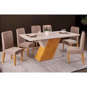 Sala de Jantar Completa Rubi Tampo Madeirado c/ Vidro Curvo 170x90cm e 6 Cadeiras Lia Cedro/Off White/Off White - Suede Kraft - DJ Móveis