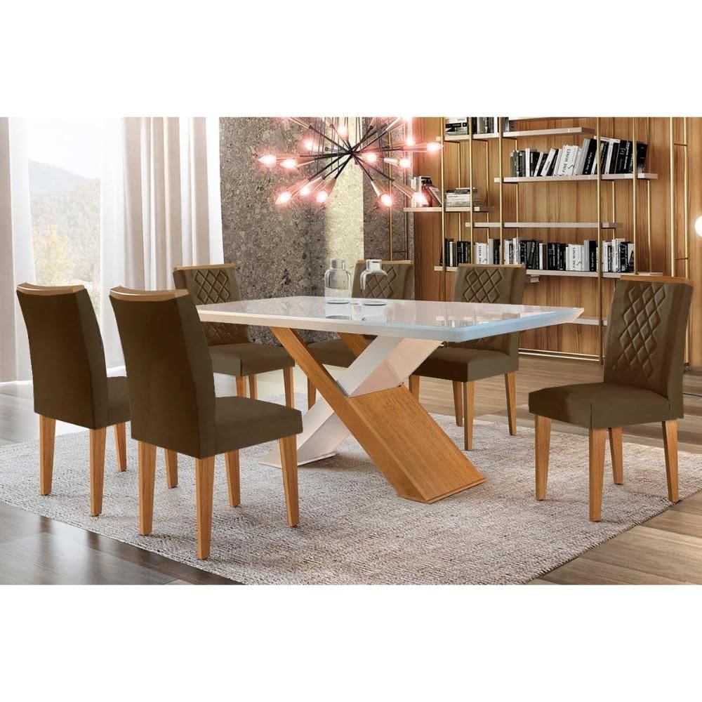 Sala de Jantar Completa Imperatriz Tampo Madeirado c/ Vidro Canto Curvo 180x90 e 6 Cadeiras Jade Imbuia/Off White - Suede Marrom - Rufato
