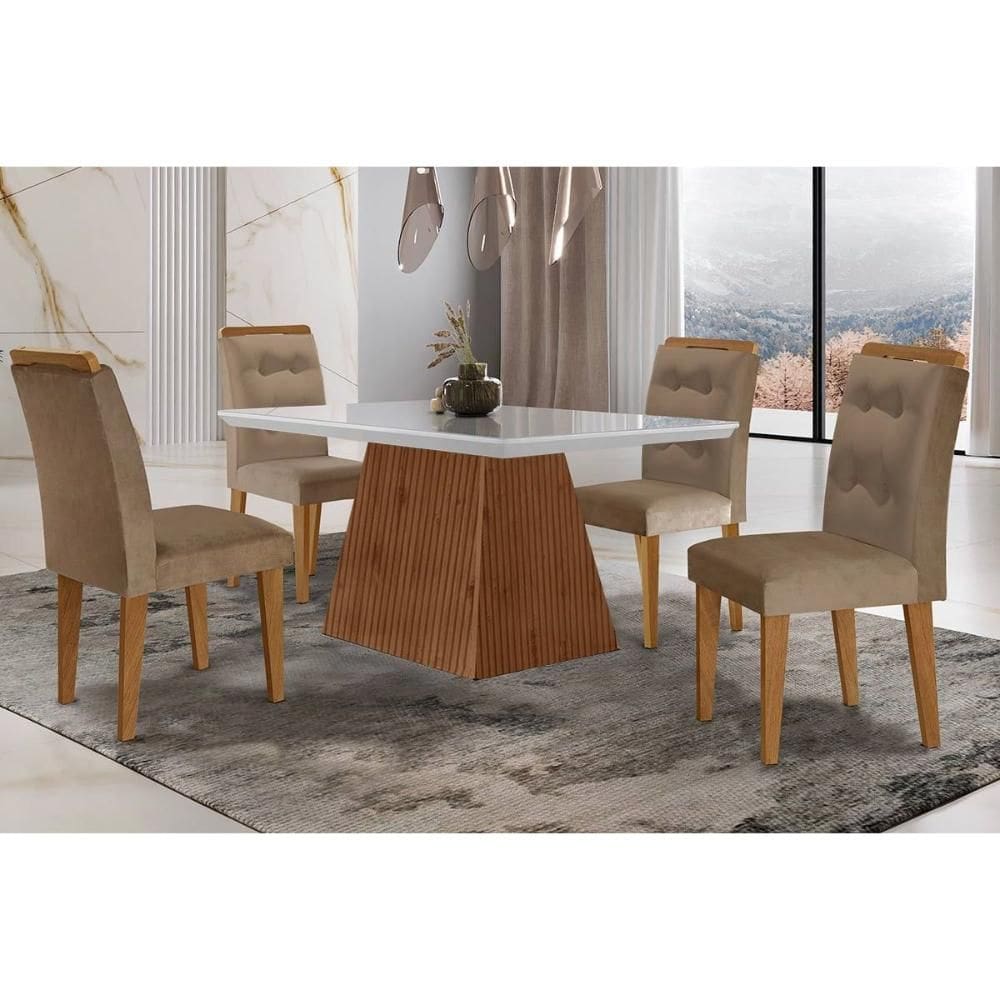 Sala de Jantar Completa Luna c/ Tampo Madeirado Vidro Canto Curvo 120x80cm e 4 cadeiras Imperatriz Imbuia/Off White - Suede Capuccino - Rufato