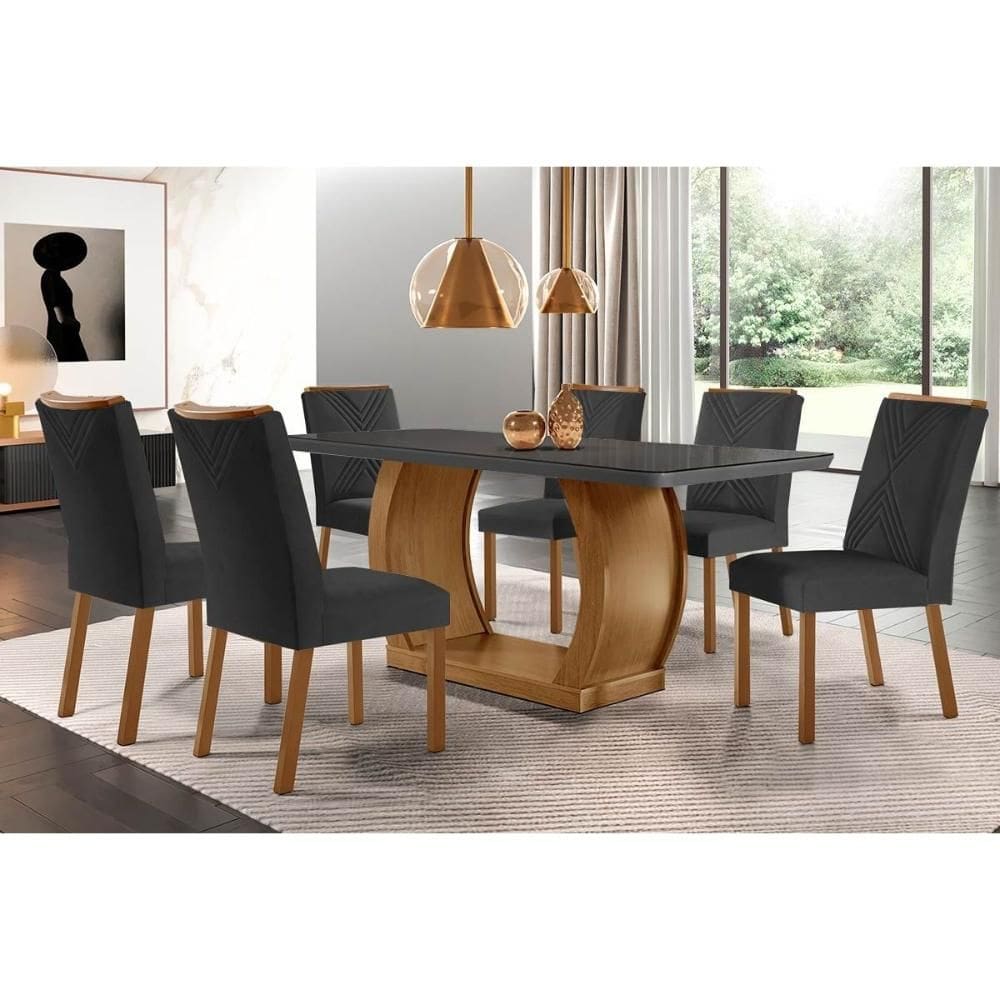 Sala de Jantar Completa Jade c/ Tampo Madeirado c/ Vidro Canto Curvo 180x90cm e 6 cadeiras Amsterdã Imbuia/Grafite - Suede Grafite - Rufato