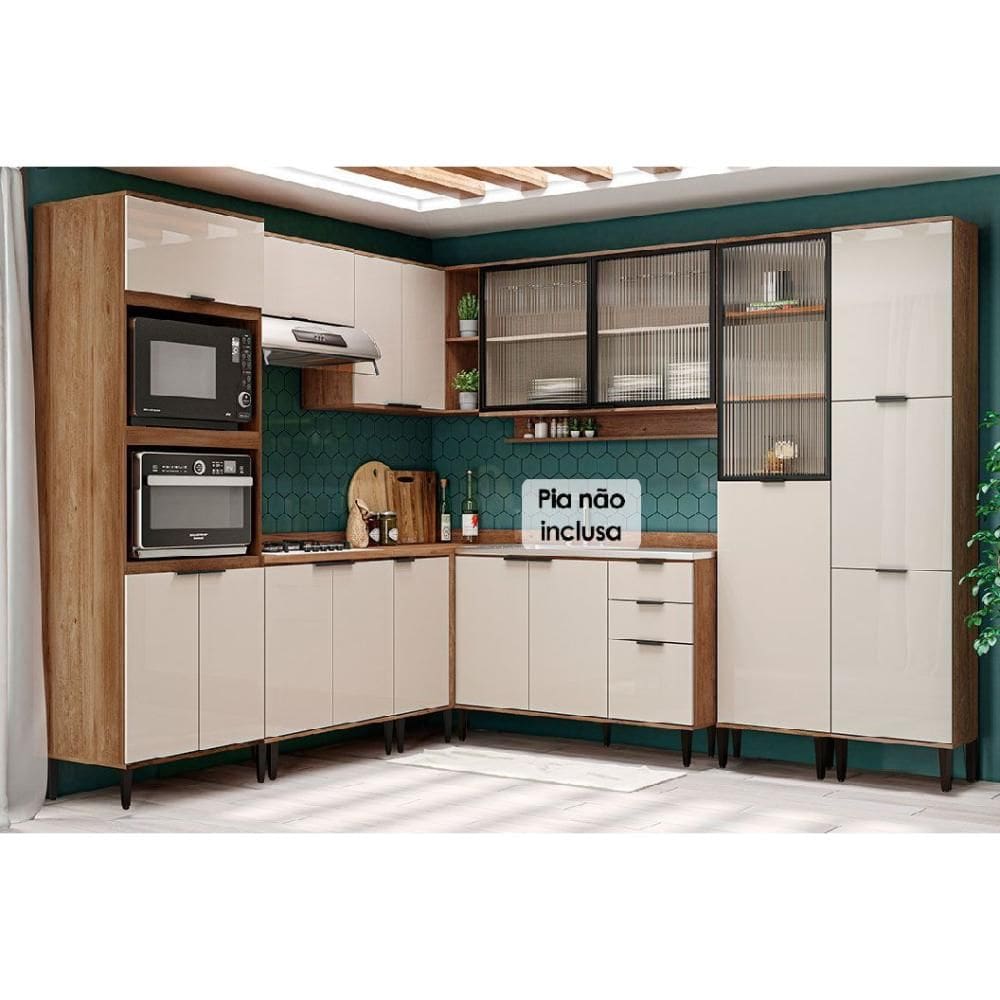 Cozinha Completa Alpha 9 Peças (3Aéreos+3Balcões+2Paneleiros+1TorreQuente) C9P35 Freijo/Off White - Carraro