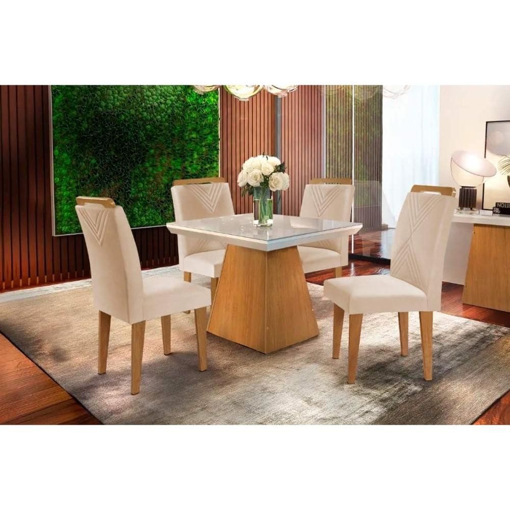 Sala de Jantar Completa Luna c/ Tampo Madeirado Vidro Canto Curvo 90x90cm e 4 cadeiras Amsterdã Imbuia/Off White - Suede Creme - Rufato