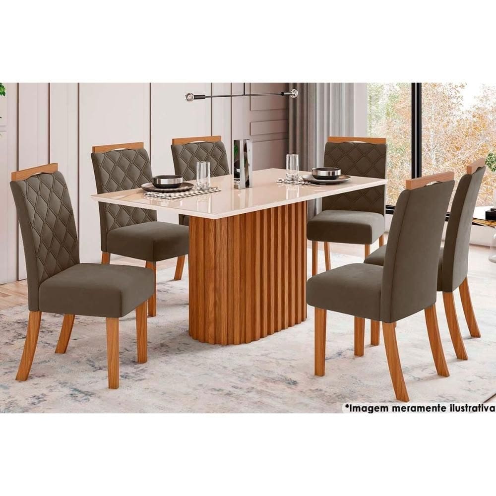 Sala de Jantar Completa Solana c/ Tampo Madeirado c/ Vidro Reto 160x90cm e 6 Cadeiras Bella Nature/Suede Light Marrom Amendoa - Henn