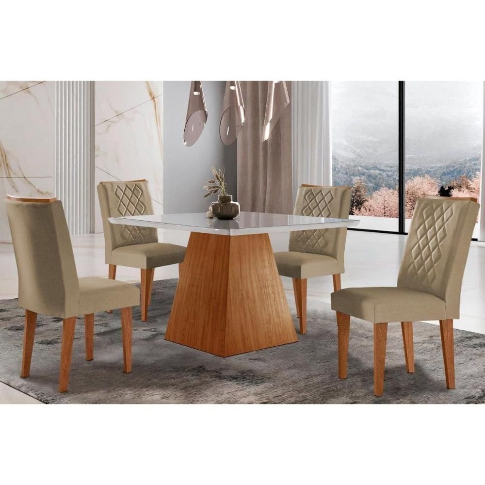 Sala de Jantar Completa Luna c/ Tampo Madeirado Vidro Canto Curvo 90x90cm e 4 cadeiras Jade Imbuia/Off White - Suede Capuccino - Rufato