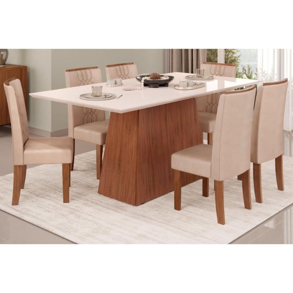 Sala de Jantar Completa Dulce Tampo Madeirado c/ Vidro Reto 180x90cm e 6 Cadeiras Zoe Freijo/Off White - Suede Creme - DJ Móveis