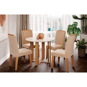 Sala de Jantar Completa Flora c/ Tampo Madeirado 109cm e 4 Cadeiras Clarice Cinamomo/Off White - Nature-Madeirado/Linho Be - Cimol
