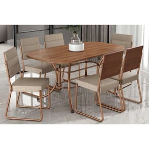 Sala de Jantar Completa 1547 Aço c/ Tampo Madeirado 160x90cm e 6 Cadeiras 1736 Freijo/Rose/Cobre/Linho Areia - Carraro