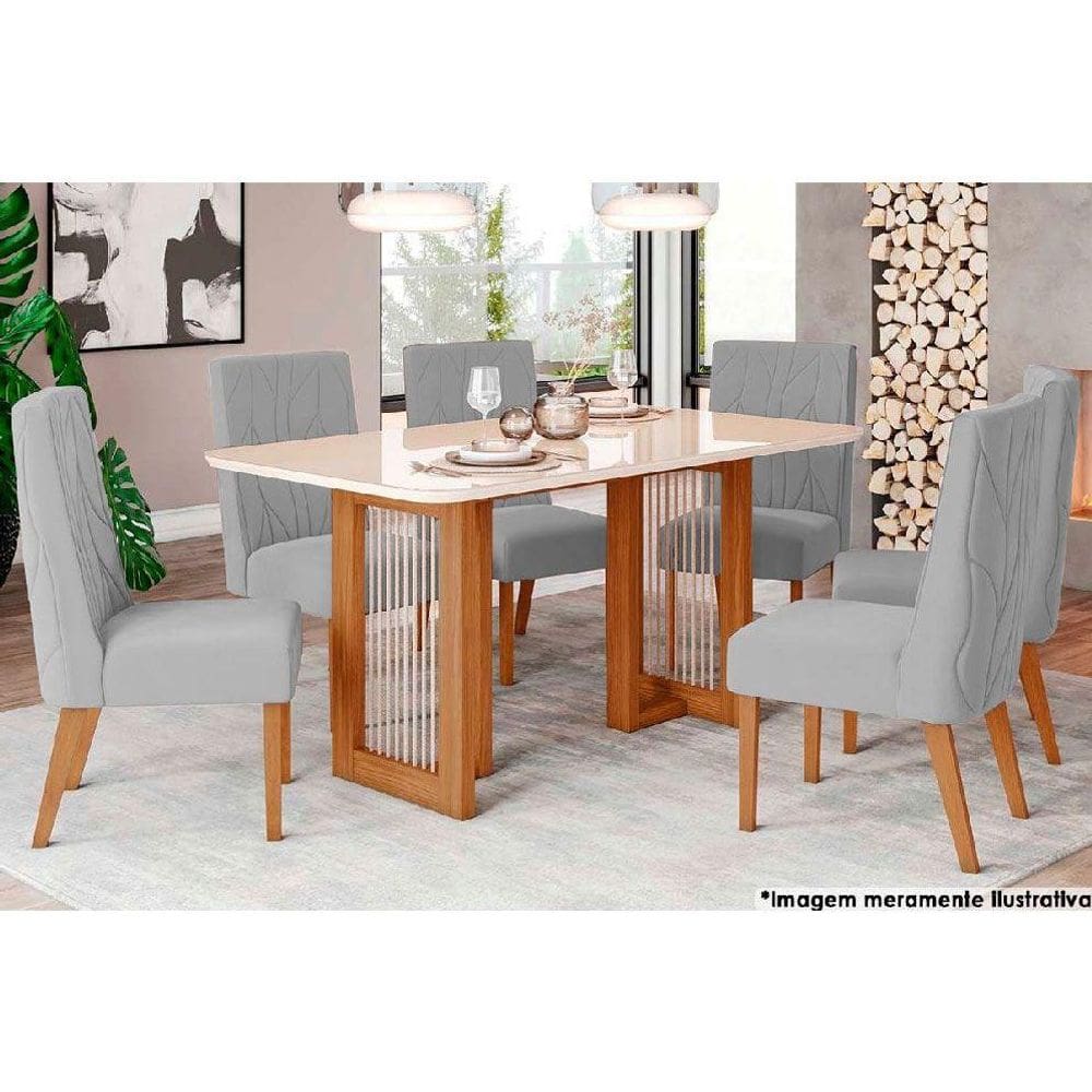 Sala de Jantar Completa Yara c/ Tampo Madeirado c/ Vidro Curvo 160x90cm e 6 Cadeiras Eloa Nature/Suede Light Linho - Henn
