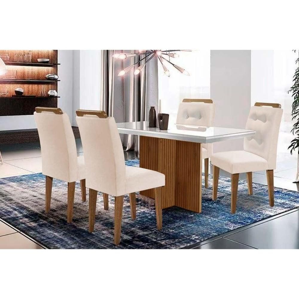 Sala de Jantar Completa Berlim c/ Tampo Madeirado c/ Vidro Canto Curvo 120x80cm e 4 Cadeiras Imperatriz Imbuia/Off White - Suede Creme - Rufato