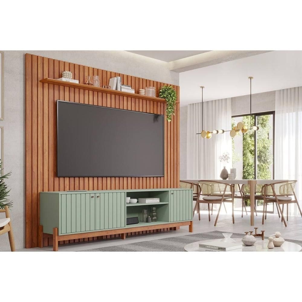 Rack Bancada c/ Painel p/ TV até 75 Pol Maragogi/Holanda Ripado 4 Portas 230x220cm Salvia/Cinamomo - Permóbili