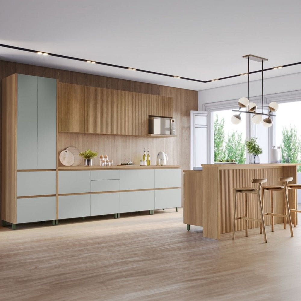 Cozinha Completa Rainha Gourmet 12 Portas 12 Gavetas com Ilha Ripado 100% Mdf Natural/Verde - Nesher