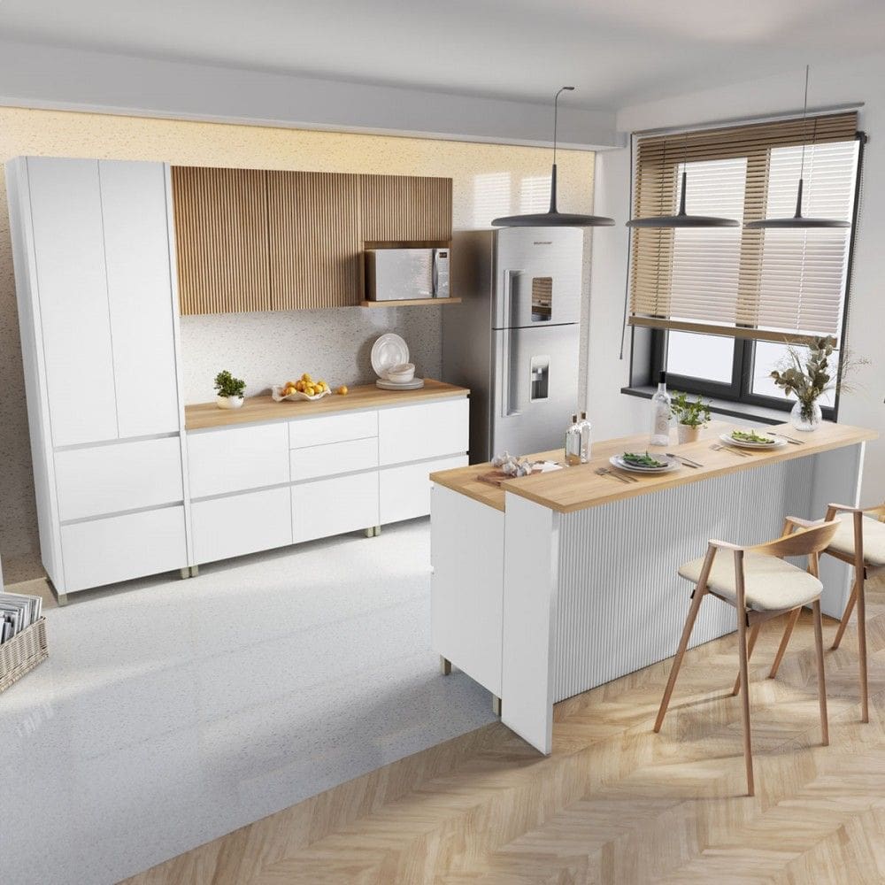 Cozinha Completa Rainha Gourmet 9 Portas 12 Gavetas com Ilha Ripado 100% Mdf Branco/Natural - Nesher