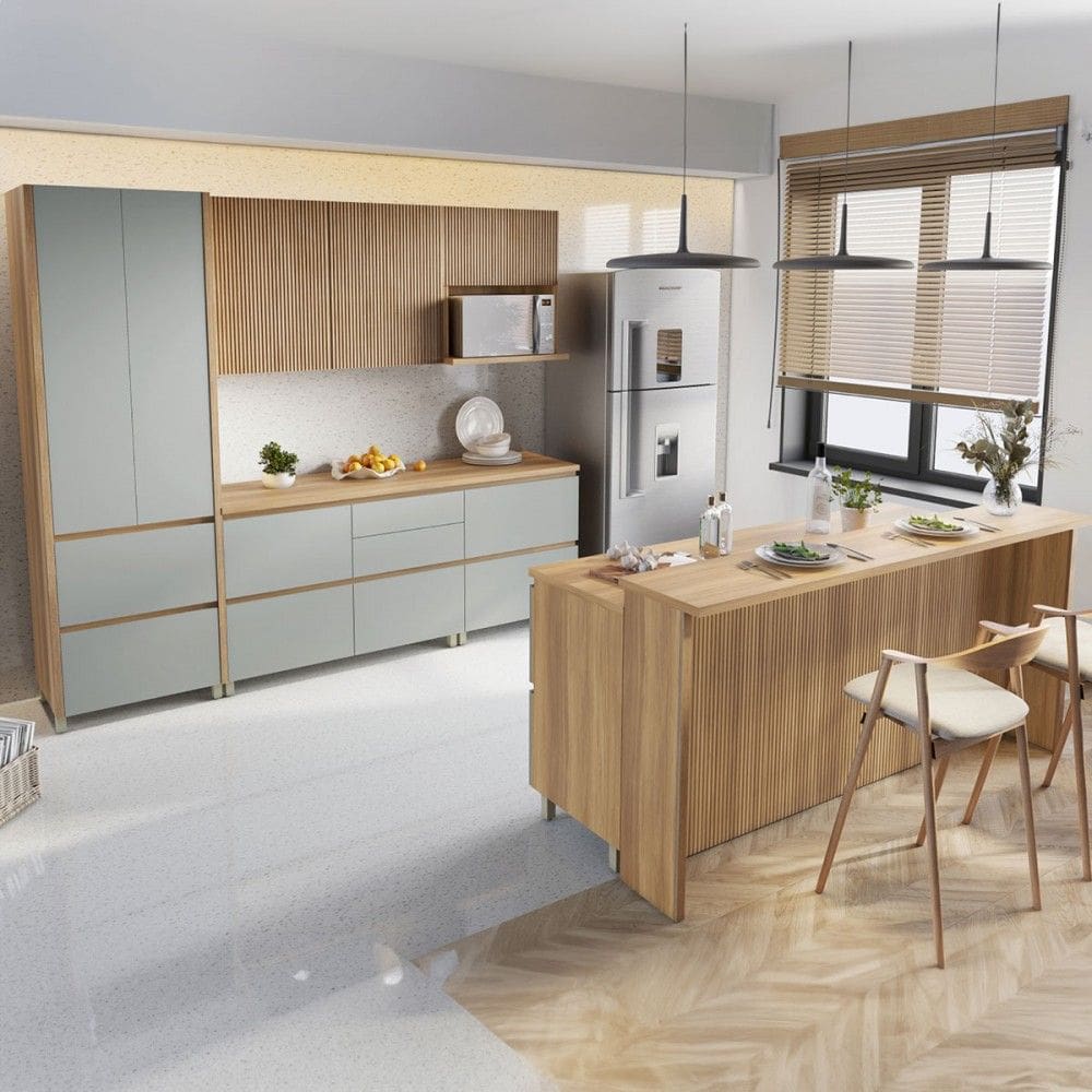 Cozinha Completa Rainha Gourmet 9 Portas 12 Gavetas com Ilha Ripado 100% Mdf Natural/Verde - Nesher