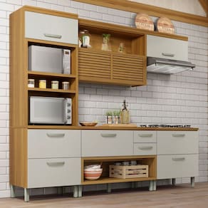 Cozinha Completa Princesa 5 Portas 4 Gavetas Ripado 100% Mdf Freijó/Off White - Nesher