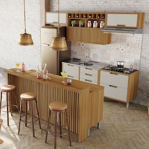 Cozinha Completa Imperatriz 7 Portas 10 Gavetas com Ilha Gourmet Ripado 100% Mdf Freijó/Off White - Nesher