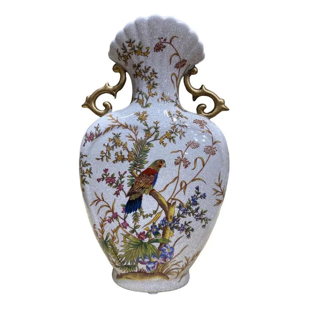 Vaso Decorativo Porcelana Colorido Bege Pássaros 35X20