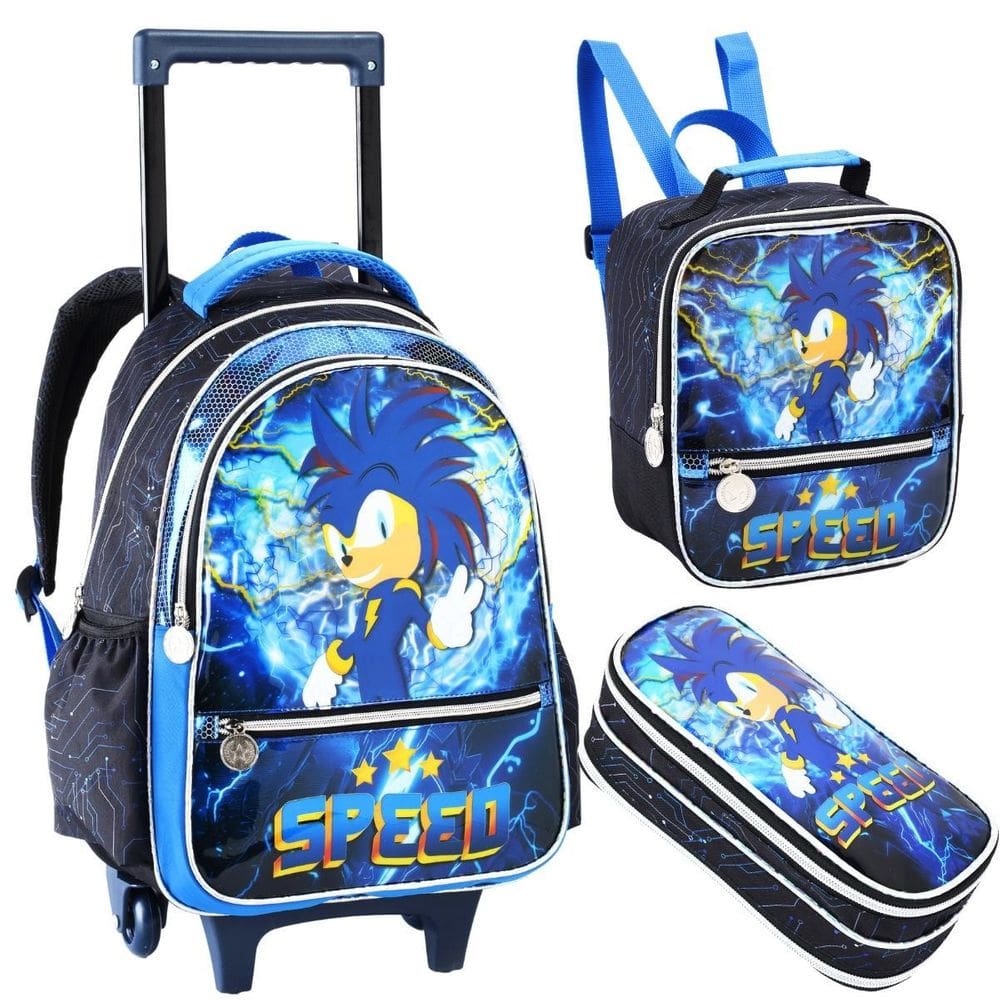 Kit Mochila Rodinha Menino Super Sonic Raio Lancheira Estojo