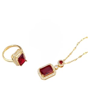 Cordão + Anel Feminino Pedras Vermelhas - Banhado A Ouro
