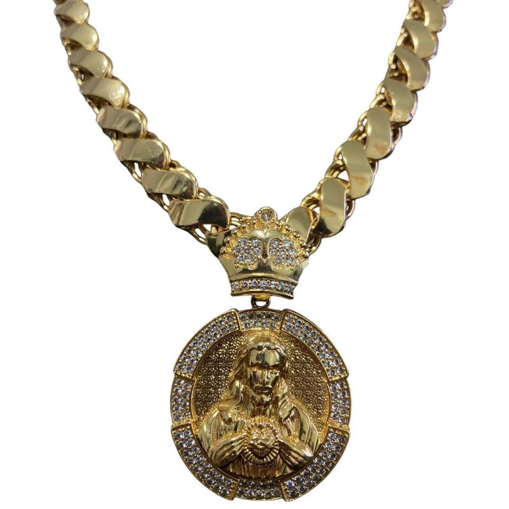 Cordão Friso S 13Mm + Pingente Jesus Mão - Banhado A Ouro