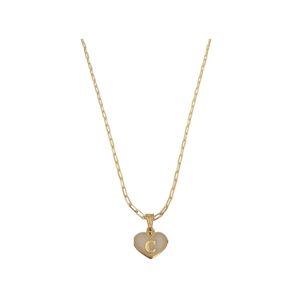 Colar Cartier 50Cm Coração Branco Letra C Banhado Ouro 18K
