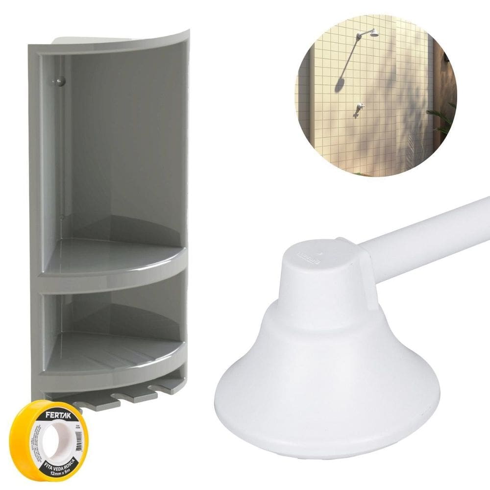 Chuveiro Ducha Fria 9Cm Branco + Porta Shampoo Cinza