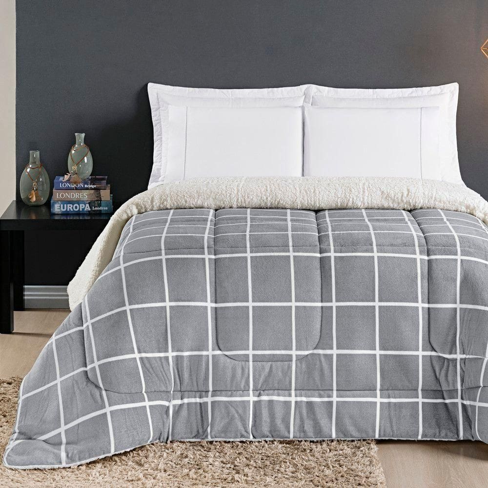 Coberdrom Sherpa E Flannel Austin King Manta 100g 01 Peça - Cinza