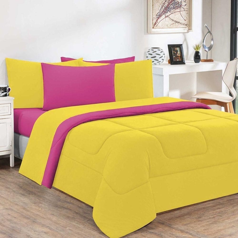 Kit Edredom + Jogo De Lençol Malha 100% Algodão Gran Moratta 5 Peças Solteiro - Amarelo-pink