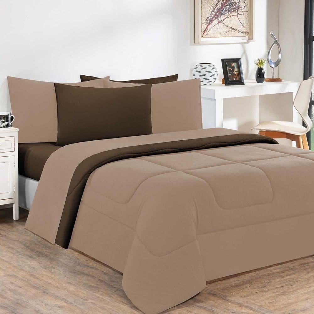 Kit Edredom + Jogo De Lençol Malha 100% Algodão Gran Moratta 5 Peças Solteiro - Avelã-marrom