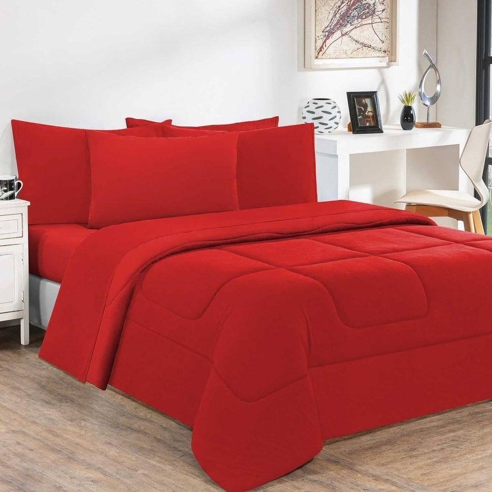 Kit Edredom + Jogo De Lençol Malha 100% Algodão Gran Moratta 5 Peças Solteiro - Vermelho-vermelho