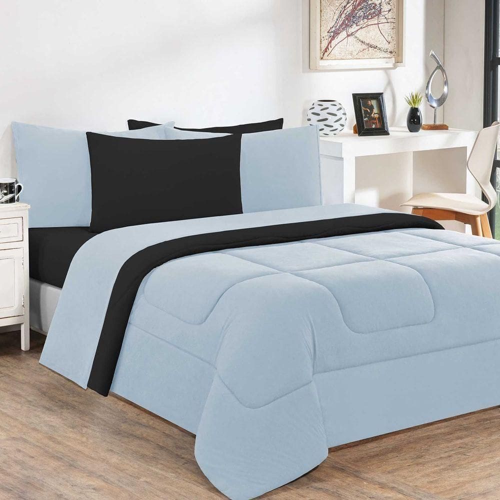 Kit Edredom + Jogo De Lençol Malha 100% Algodão Gran Moratta 5 Peças Solteiro - Azul Bebê-preto