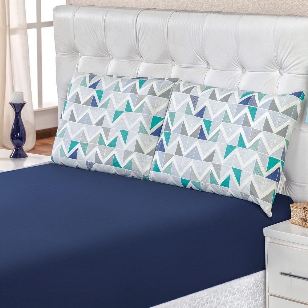 Jogo De Cama Malha Casal Quality 03 Peças - Geométrico Azul