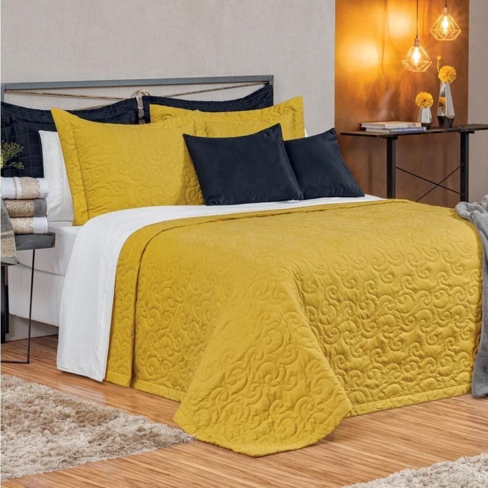 Cobre Leito King Belga Bordado 400 Fios 3 Peças - Açafrão