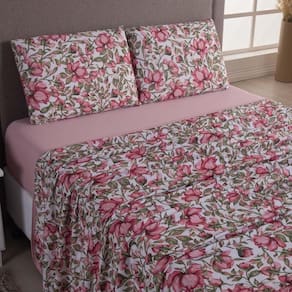 Jogo Cama Lençol Sonnet King Malha Estampada 100% Algodão 4 Peças - Flores - Rosê
