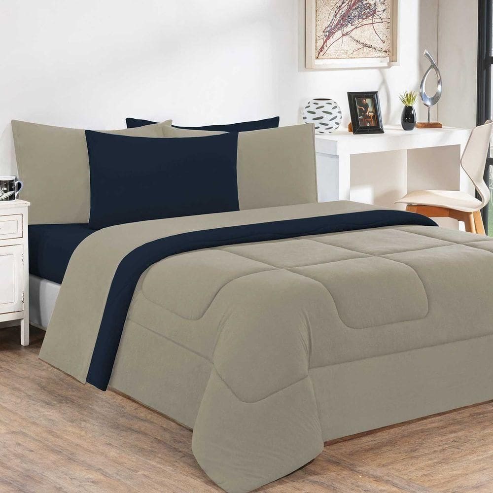 Kit Edredom + Jogo De Lençol Malha 100% Algodão Gran Moratta 5 Peças Solteiro - Avelã-azul Marinho