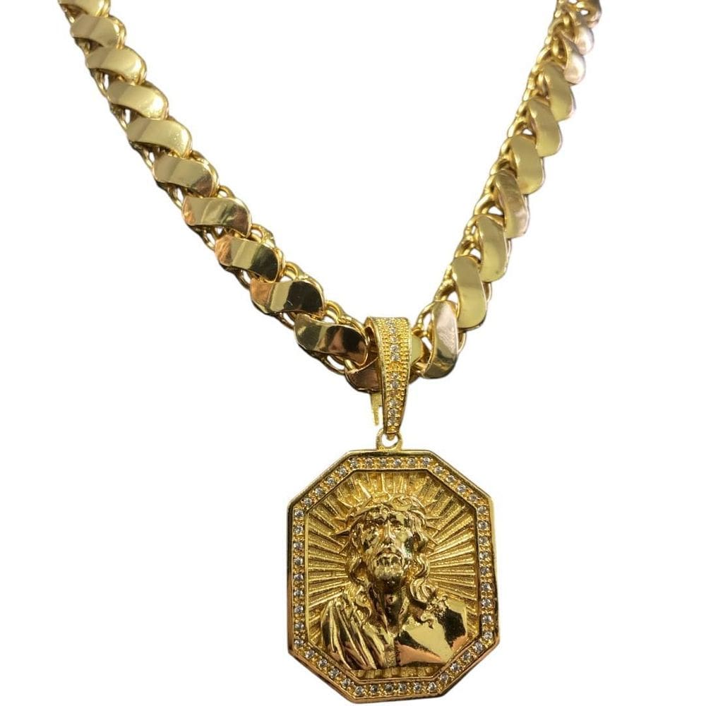 Cordão Friso S 13Mm + Pingente Jesus Espinhos Banhado A Ouro