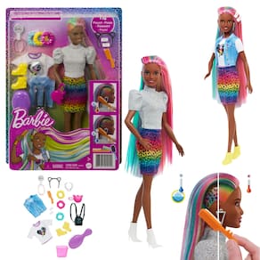 Boneca Barbie Negra Cabelo Arco Íris Leopardo Animal Print