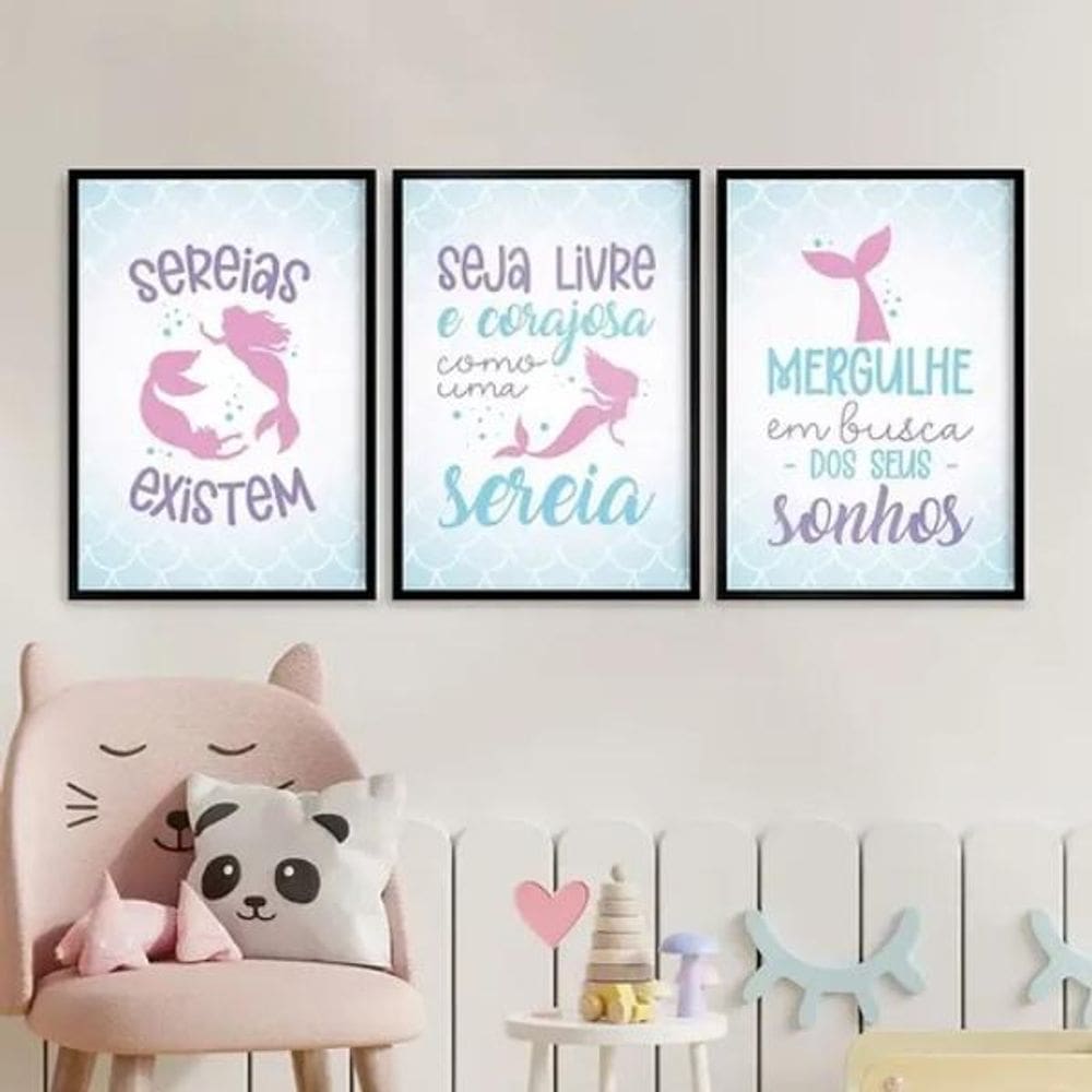 Kit 3 Quadros Menina - Sereias Existem 33X24Cm