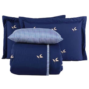Kit Cobre Leito Colcha Queen Melini 200 Fios Bordado Listrado 5 Peças - Azul Marinho